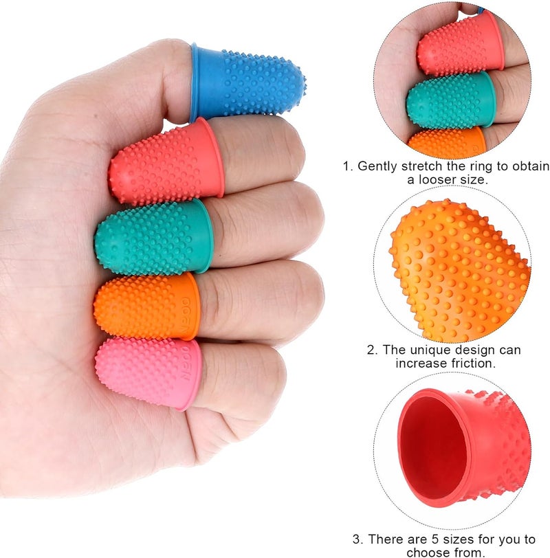 Skrfren Finger Grips 10 Pack PCS Rubber Fingers Tip Fingers Covers, 5 Different Sizes Colors Finger Protector Covers Rubber Thimbles for FingerTips Protection Reusable Finger-Pads Grip for Paperwork - Image 3